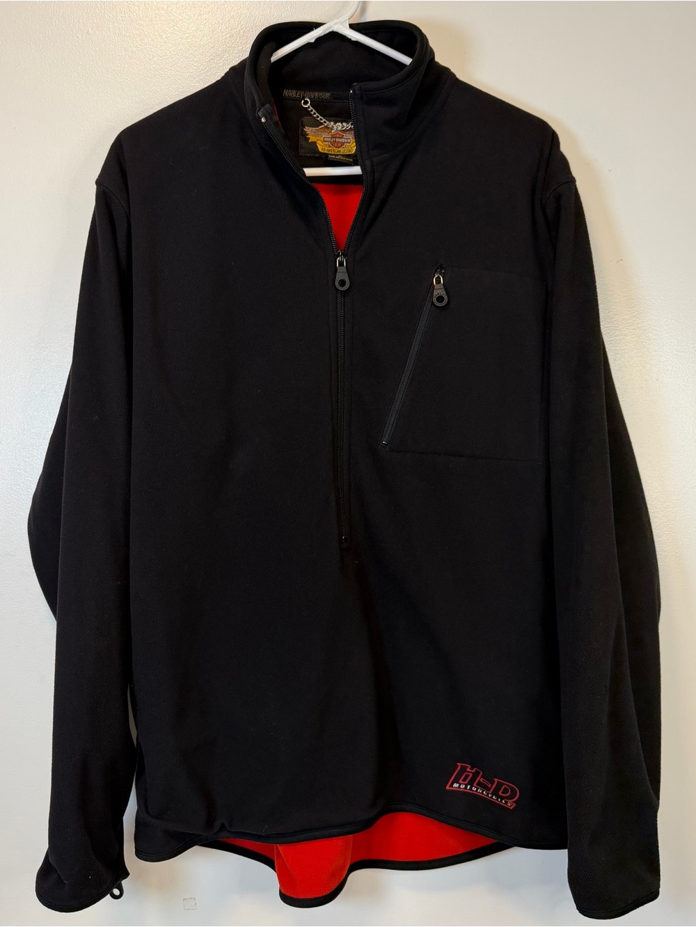 Harley Davidson Half Zip Black Fleece Pullover Jacket‎ Red Interior Men’s Medium